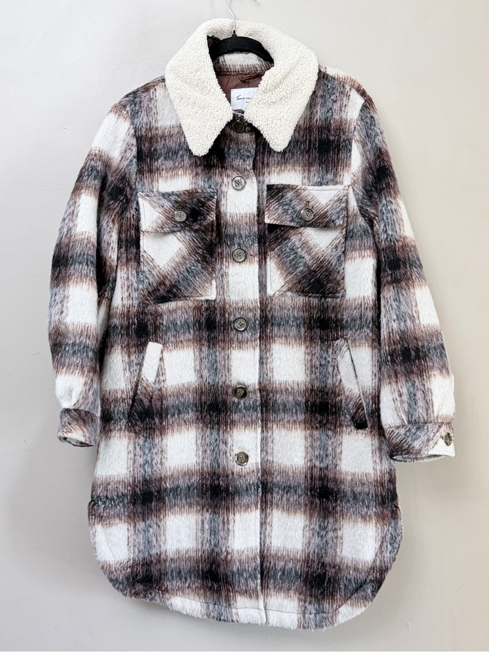 Vince Camuto Cream, Brown & Black Plaid Sherpa-Collar Trench Coat